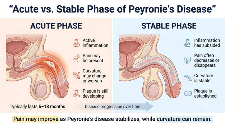 Acute vs. stable phase of Peyronie’s disease showing changes in pain, inflammation, plaque and penile curvature