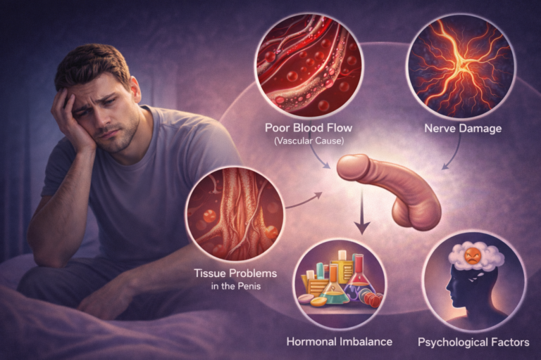 The most common causes of erectile dysfunction including poor blood flow, nerve damage, hormonal imbalance, tissue problems and psychological factors.