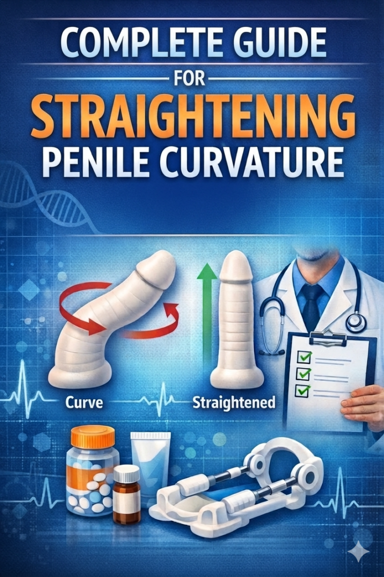 Complete guide to penile curvature treatment showing traction therapy, Peyronie's disease education, penile straightening and non-surgical treatment options.