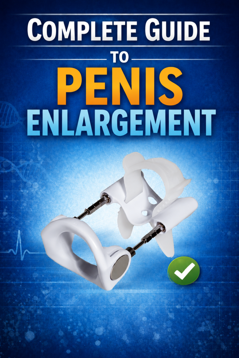 Cover of the Complete Guide to Penis Enlargement e-book featuring the Penisal traction device.