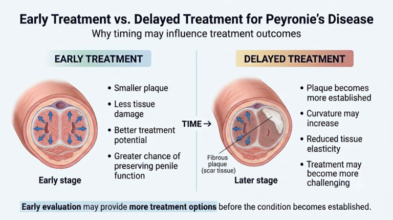 Comparison of early versus delayed treatment for Peyronie's disease showing a smaller plaque in the early stage and a larger fibrous plaque with reduced tissue elasticity in the later stage.