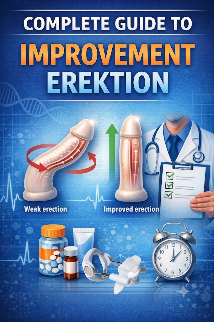 Complete guide to improving erections ebook cover showing weak erection, improved erection, medical guidance and traction therapy device.