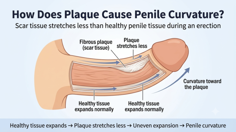How fibrous plaque causes penile curvature in Peyronie’s disease