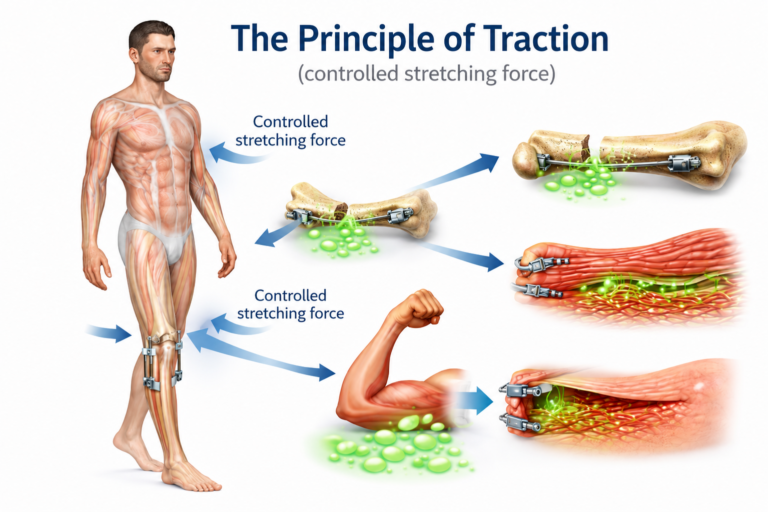 Medical illustration explaining the principle of traction therapy and how controlled stretching stimulates tissue adaptation and remodeling.