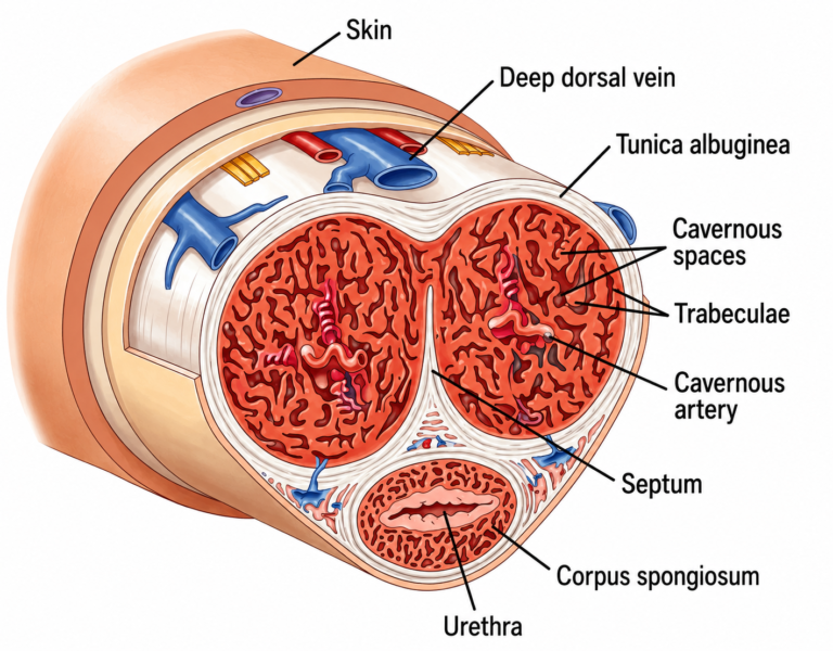 Cross-sectional anatomy of the penis showing the corpora cavernosa, corpus spongiosum, tunica albuginea, blood vessels and urethra.