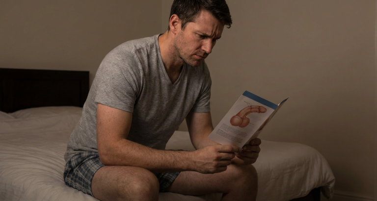Man reading information about penile curvature and Peyronie's disease at home.