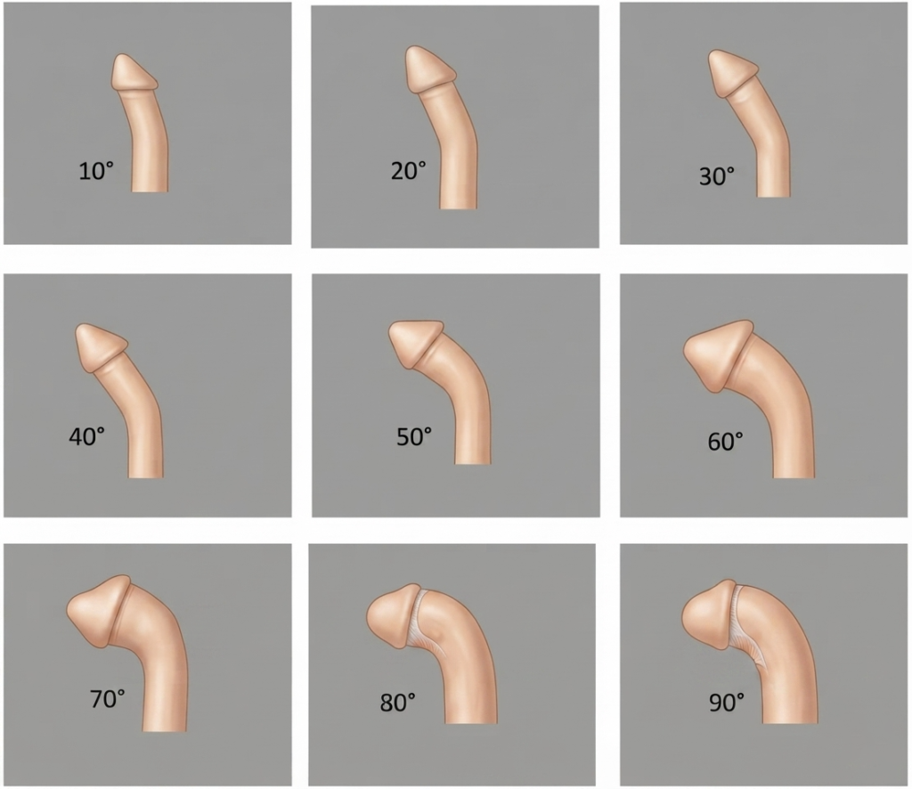 Medical illustration showing penile curvature degrees from 10 to 90 degrees.