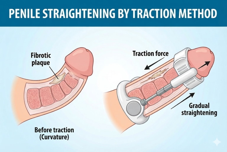Medical illustration showing how traction therapy gradually straightens penile curvature caused by Peyronie's disease.