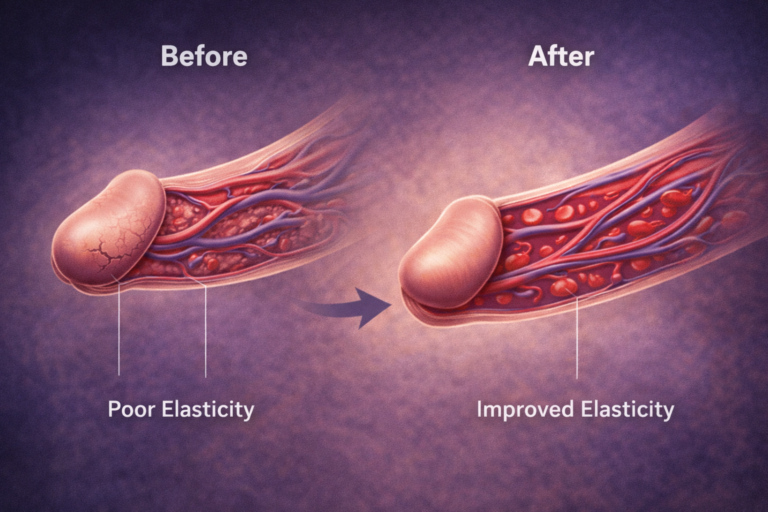 Illustration showing penile tissue before and after improved elasticity, comparing poor elasticity with improved tissue flexibility and blood flow.