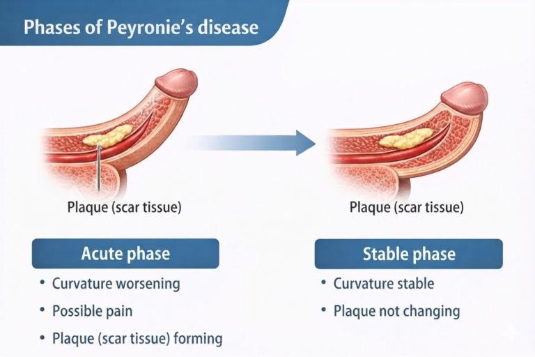 Acute and stable phases of Peyronie's disease with plaque and penile curvature