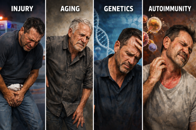 Main causes of Peyronie's disease: penile injury, aging, genetics and autoimmune mechanisms.