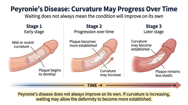 Illustration showing how penile curvature may progress over time in Peyronie’s disease if the condition remains active