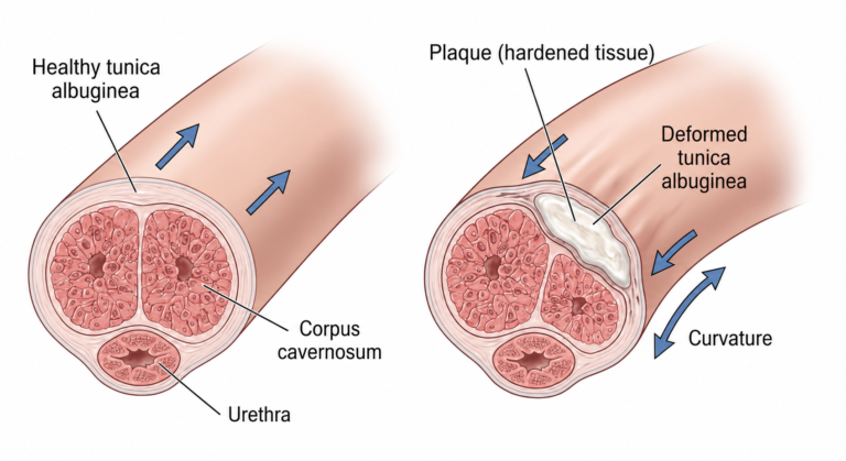 Medical diagram showing the difference between healthy penile tissue and Peyronie's disease with plaque formation and penile curvature.