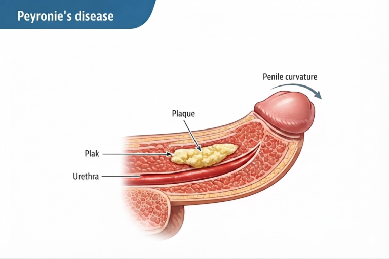 Peyronie's disease showing plaque formation and penile curvature