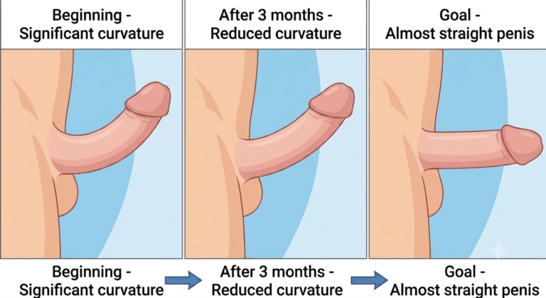 Illustration showing the gradual reduction of penile curvature over time using traction therapy in men with Peyronie's disease.