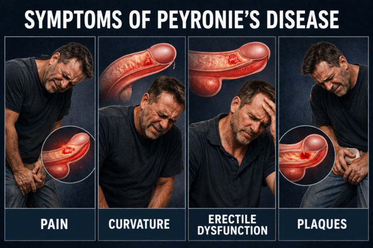 Medical illustration showing the main symptoms of Peyronie's disease including pain, penile curvature, erectile dysfunction and plaque formation.