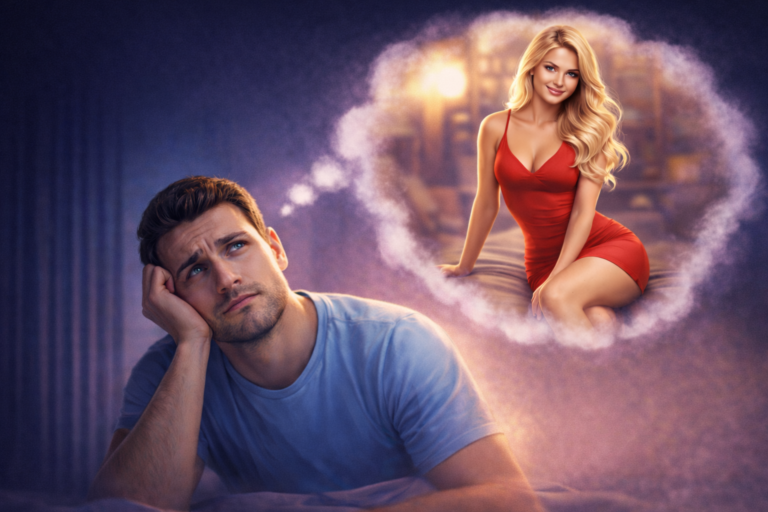 Man with erectile dysfunction thinking about an attractive woman, illustrating psychological causes of erection problems and performance anxiety.