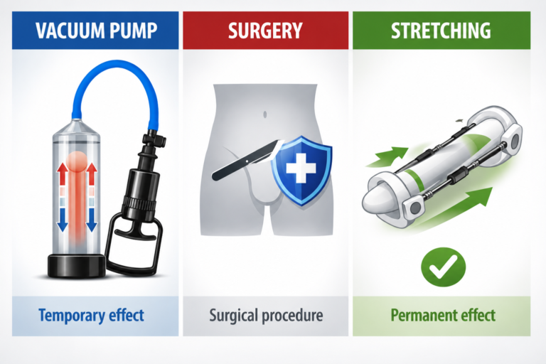Comparison of penis enlargement methods including a vacuum pump, surgery, and traction therapy for permanent penis enlargement.