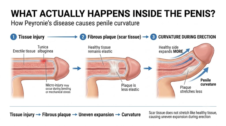 How Peyronie’s disease causes penile curvature through tissue injury, fibrous plaque and uneven tissue expansion