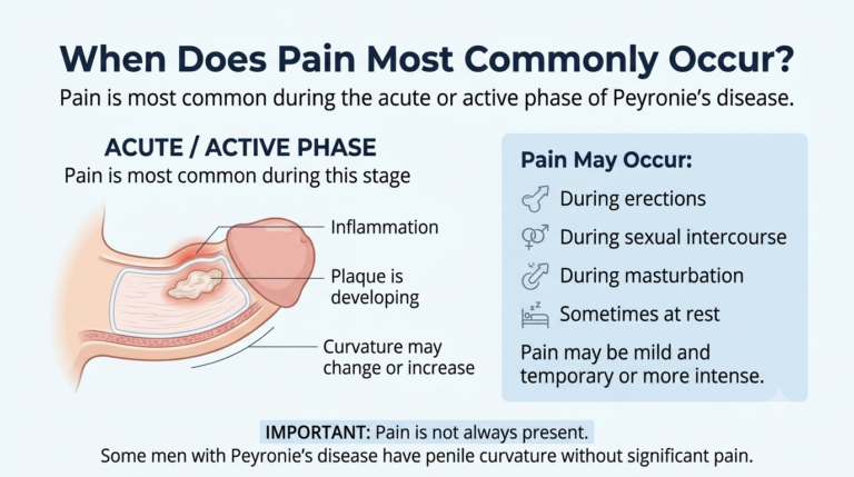 Infographic showing when pain most commonly occurs in Peyronie’s disease, including the acute phase, inflammation, developing plaque, and pain during erections or sexual activity.