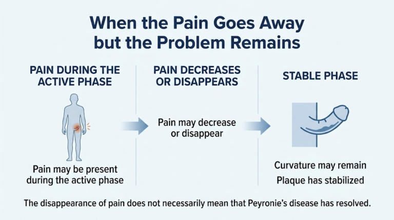 Peyronie’s disease – pain may disappear while penile curvature remains