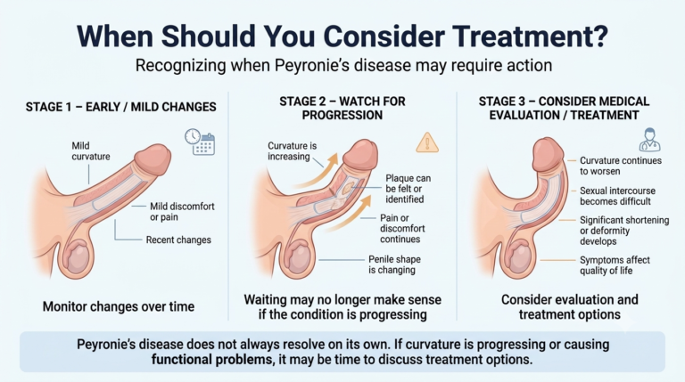 Infographic showing when to consider treatment for Peyronie’s disease, from mild early curvature to progressing symptoms and more severe penile curvature.